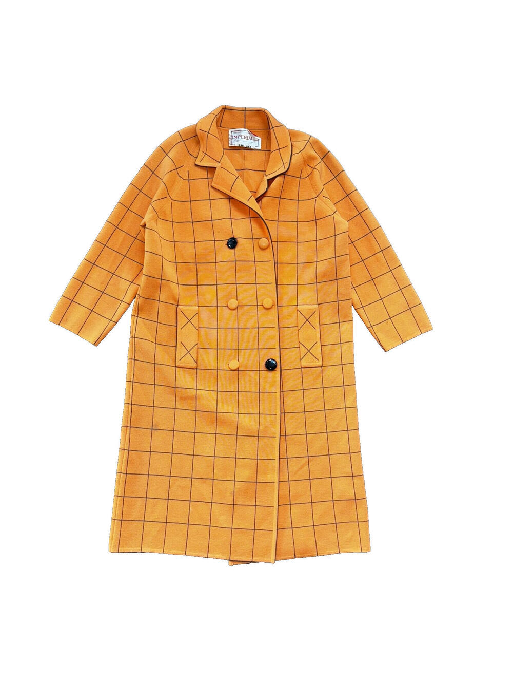 VTG 100% Wool Imperial Long Check Overcoat Womens Orange Rockabilly 1960s 70s